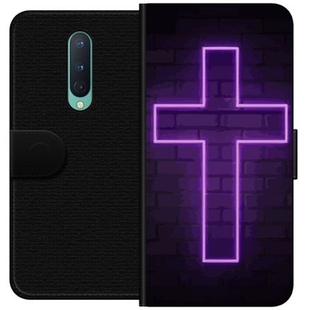 Yhteensopiva Lompakkokotelo OnePlus OnePlus 8 Neonristi purppuranvalossa tummaa tiiliseinää vasten, symbolinen motiivi vahvalla hohto moderni esteet