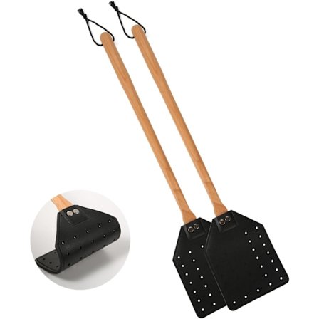 2 stk. Fluesmekker i lær, manuell kraftig fluesmekker med langt trehåndtak og hengende tau, slitesterk fluesmekker