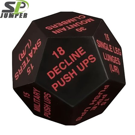 1 stk 12-sidet Fitness Stressball - Svart med rød tekst, instruksjoner for 18 spensthopp og 30 sit-ups