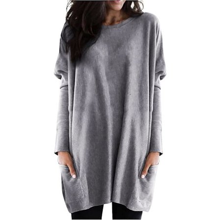 Kvinnor Långärmade Casual Loose Fit Tunika Toppar med fickor Crewneck sweatshirts