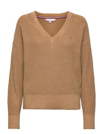 Cotton V-Nk Sweater Pullover Striktrøje Beige Tommy Hilfiger