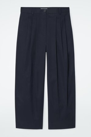COS Women's Pleated Barrel Leg Cotton Trousers in Blue