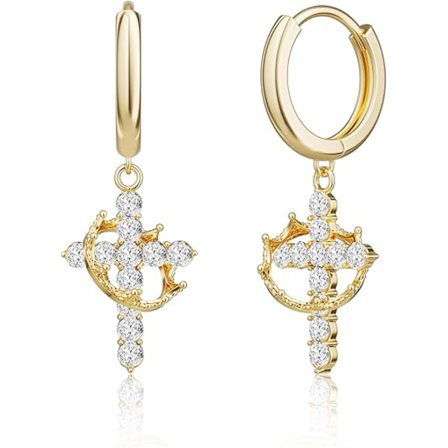 Hængeøreringe med kronekors, mode 14K guldbelagt sølv, små hoop-øreringe til kvinder, delikate allergivenlige lette øreringe smykker