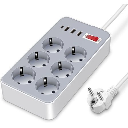 USB-strømskinne med 6 stikkontakter + 3 USB-A-porte + 1 USB-C-port, USB-strømskinne til skrivebord med kontakt 1,8 m ledning til iPhone 15/iPad/