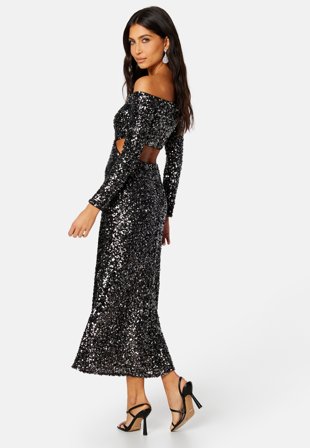 FOREVER NEW Farrah Sequin Cut Out Back Dress Black Klær