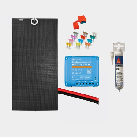 Kit de painel solar para instalação fixa Juni Solar Flush Mounted Cable Black Edition, 100 W, monocristalino, flexível, 12 V, 1040 x 520 x 3 mm, com 