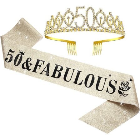 WILLBOND 50-årsdag Skärp och Tiara Set för 50 År, 50 & Fabulous Skärp och Krona Partydekorationer (Guld)