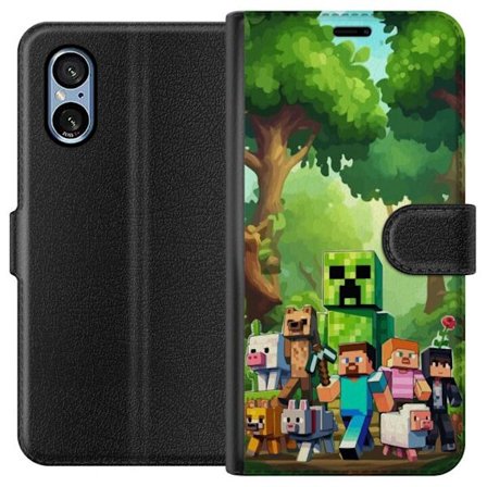 Yhteensopiva Lompakkokotelo Sony Xperia 5 V Jämäkkä pikselöity pelimaailma, jossa vihreät hahmot ja eläimet rehevässä metsäympäristössä