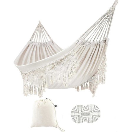 Indendørs hængekøje med macramé-frynser til 2 personer, Boho dobbelthængekøjer med kvaster, bærbar hængekøje i bomuldsreb med rejsetaske til udendørs 