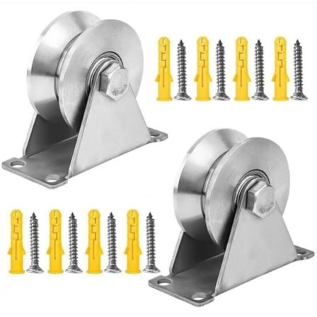 2 stk. løftehjul i rustfrit stål, enkelte V-hjul til kabel, 48 mm hjul med lejer, belastningskapacitet 180 kg, til portrulle skinne, kabel, rullende