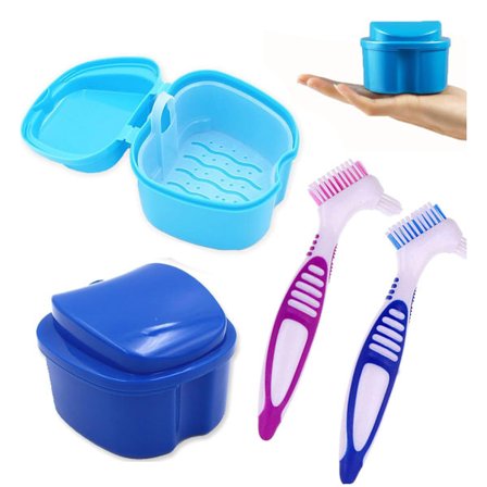 Tandprotese Opbevaringsæske 2-Delt Sæt med Rensefilterkurv og 2 Tandprotesebørster til Oral Hygiejne