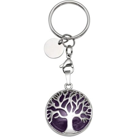 Silver Livets Träd Naturlig Ametist Kristall Healing Tag Nyckelring, 31*27mm