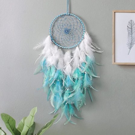 Blå og hvide fjer drømmefanger børnevægophæng traditionel håndlavet drømmefanger rund mesh boho vægkunst til soveværelse sovesal boligindretning G