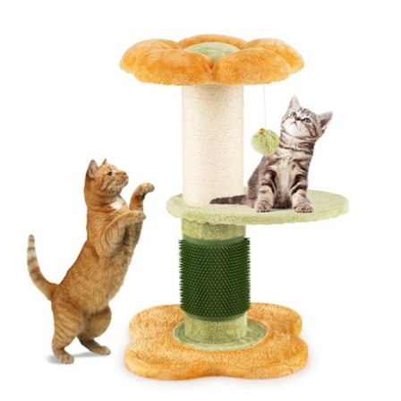 Kissanpuu Monitasoinen 69 cm COSTWAY, Kukka-muoto, Pehmeä Alusta, Sisar-grippipylväs, Roikkuva Pallo, Keltainen