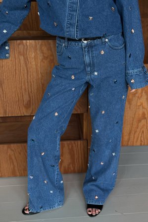 Scandivv x NA-KD Jean droit en denim à strass - Jeans taille moyenne - Bleu - EU 38