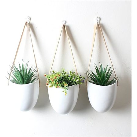 Kruksats med 3 keramiska hängande krukor för suckulenta luftväxter Blomkrukor med läderrem Väggblomkrukor Hemträdgårdsdekoration Plantering