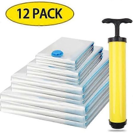 12 stk. vakuumposer til tæpper, rejser, små og store vakuumopbevaringsposer, kompressionsposer, kompatible med håndpumpevakuum