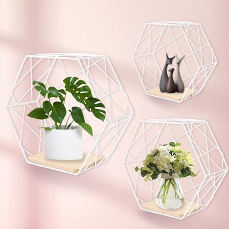 Sæt med 3 hexagon væghylder lavet af metal og træhylder, svævende hylder, vægdekoration til stue, soveværelse, cafe og hotelgang