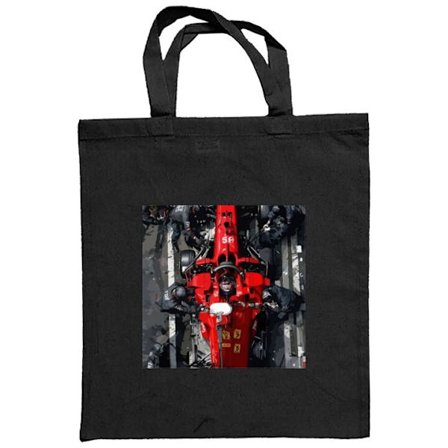 Stoffpose Formel 1 Ferrari pit-stop sett ovenfra med mekanikere rundt den røde racerbilen, detaljert motorsportsbilde med intens følelse av konkurrans