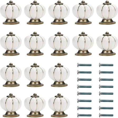 Hvite og gullfargede keramiske skap knotter med gresskarskruer (pakke med 16) - 3,6 x 3,8 cm - Vintage runde skap knotter - For hjem, kontor, 