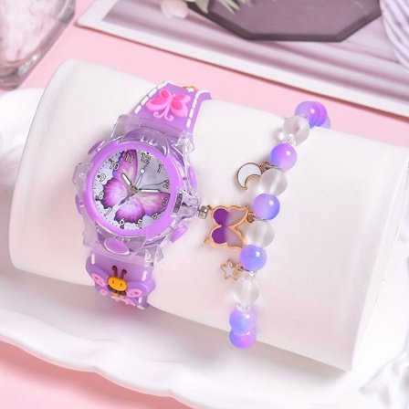 2 stk. Søde 3D Sommerfugl Ur & Armbånd til Piger - Quartz Armbåndsur med Silikone, Flerfarvede Perler & Sommerfugl Egnet til 3-14 År