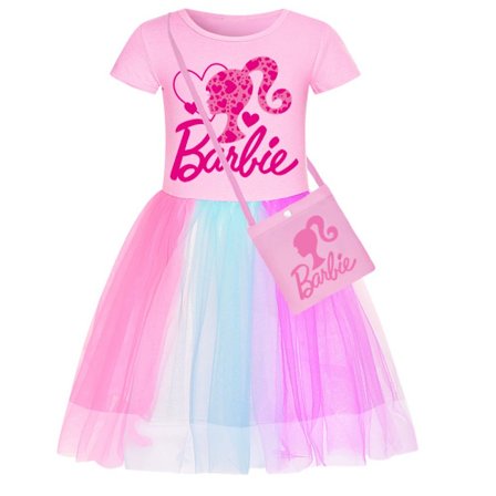 Barbie pink prinsesse rollespil kjole til pigen Barbie kjole stjerne regnbue blondekjole med skulderstrop pink - pink - 110 cm