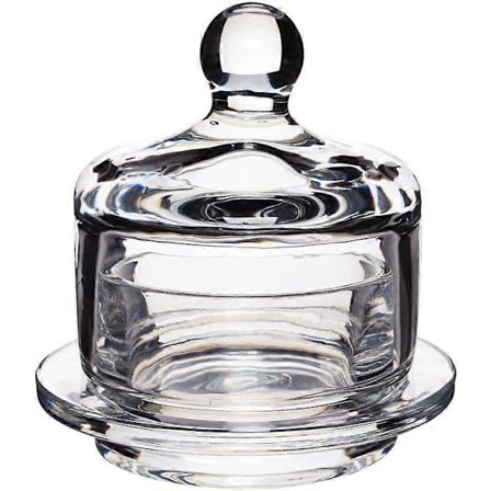 Smørskål i glass, liten klokkeholder med lokk for servering av smør, pålegg, ost, paté og tapenader, 9 x 9,5 cm, klart glass 2024THO