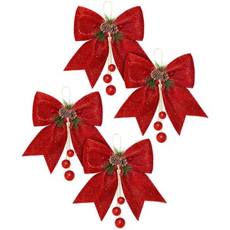Sæt med 4 store pailletter julesløjfer med kegle til juletræsdekoration, røde kranse, pailletter sløjfer 25 x 30 cm (rød) Sunmostar