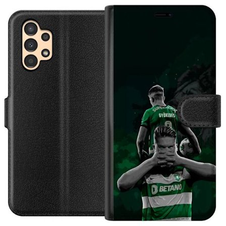 Kompatibelt Lommeboketui til Samsung Galaxy A13 Neonmotiv med teksten "Gaming is in my DNA" på en blå og rød murvegg med en lysende DNA-spiral.