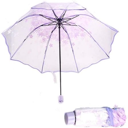 Gennemsigtig sammenklappelig paraply (lilla) Kirsebærblomst Gennemsigtig paraply, Gennemsigtig regntæt sammenklappelig paraply, Let vindtæt kompakt 