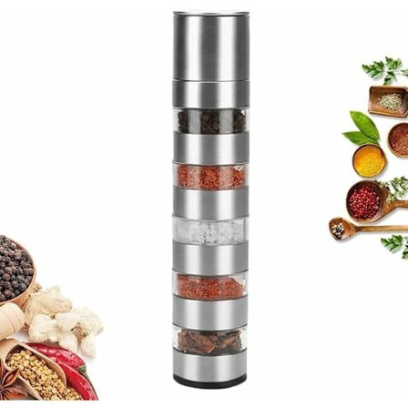 Pepparkvarn, fem-i-ett justerbar manuell kvarn, lämplig för salt, peppar, chili eller alla typer av örter