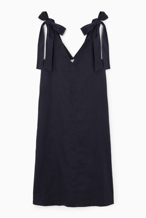 COS Femme Robe Midi Détails À Nouer En Lin Dress in Bleu