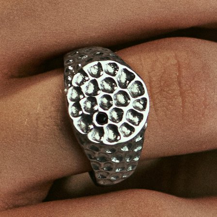 Orphic | Black Zirconia Hammered Silver-Tone Stainless Steel Signet Ring for Men - Signet rings