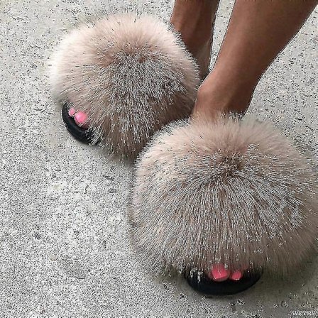 Sommer Pels Slippers Fluffy Søde Plys Damer Flip Flops Luksus Charmerende Sandaler