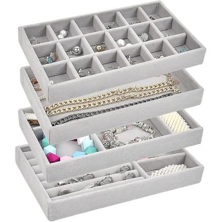 4 stk. smykkeopbevaringsbakker, smykkeskuffeorganisator i fløjl, øreringe, ringdisplay, smykkeudstillingsstativ til øreringe, halskæder, armbånd, ring