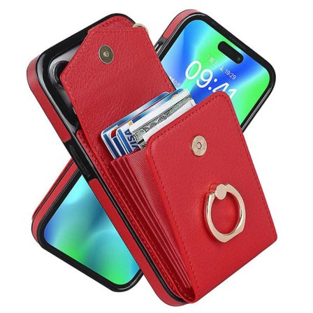 Kompatibel med iPhone 14 Pro/13/XR Case Wallet med kortholder, RFID-blokerende læder Beskyttende dobbelt knapper Stødsikker cover rød 14Pro