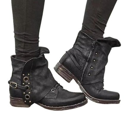 Naisten Retro Biker Nilkkurit Korolliset Saappaat Vetoketjulliset Vapaa-ajan Kengät
