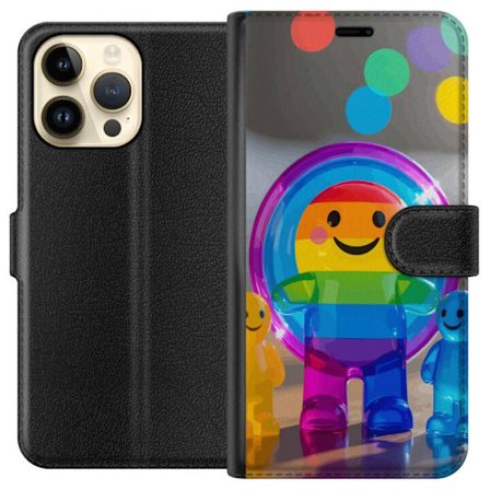 Kompatibelt Lommeboketui til Apple iPhone 14 Pro Max Regnbågsfärgad leksaksfigur med glatt ansikte och färgglada cirklar i lekfull studioillustration