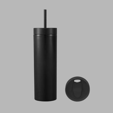16oz Plastkrus med låg og sugerør Frosting Matte Plast Drikkekopper til udendørs sport Sort