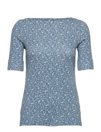 Floral Stretch Cotton Boatneck Top Blue Lauren Ralph Lauren
