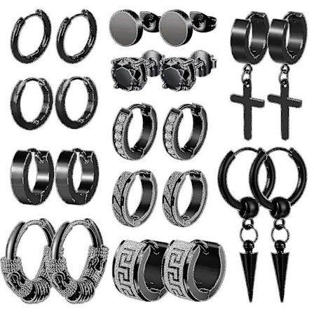 11 Par Øreringe til Mænd Sorte Stiftøreringe Herreøreringe Sorte Creoler Rustfrit Stål Øreringe Sæt Smykker Piercinger til Mænd Kvinder (FMY)