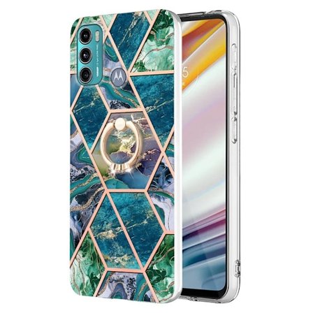 Marble Patterned Suojakuori With Ring Holder For Motorola Moto G40 Fusion / G60 - Sininen / Vihreä