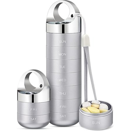 Bärbar Vattentät Veckopillerorganisatör - Stor Pillbox i Aluminiumlegering för Vitaminer Fiskolja Kosttillskott - Grå