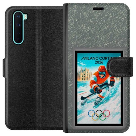 Yhteensopiva Lompakkokotelo OnePlus Nord Curlingkuvitus pelaajilla ja kivillä jäällä, Milano Cortina 2026, lumisia roiskeita ja olympiasormukset
