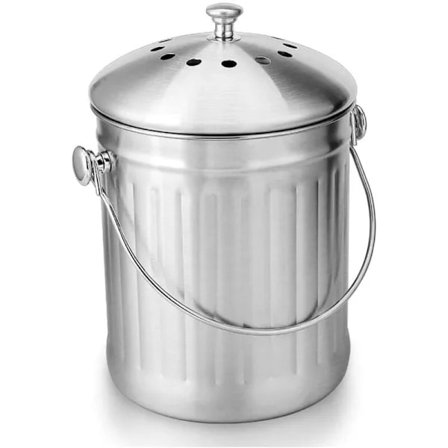 Luktfri komposthink i rostfritt stål för köket - Kompostbehållare för köket - Inkluderar ersättningskolfilter (Blankt rostfritt stål, 5 liter).
