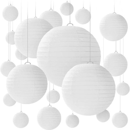 Pakke med 20 hvite runde papirlykter med ståltråd, farger i forskjellige størrelser