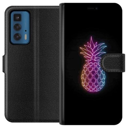 Yhteensopiva Lompakkokotelo Motorola Motorola Edge 20 Pro Neonkuvitus ananaksesta värikkäässä valossa mustaa taustaa vasten