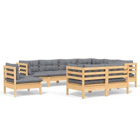 Vidaxl Loungegrupp Med Grå Dynor 9 Delar Massiv Furu Grå