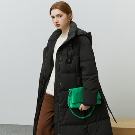 Kvinnor Hooded Långt midja bälte Design Down Coat Vinterjacka Black S