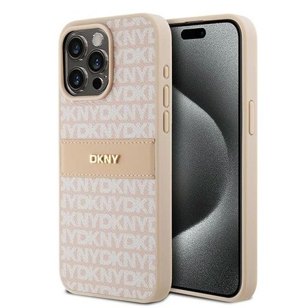DKNY lærveske med ensfarget stripe og metalllogo til iPhone 15 Pro Max - rosa